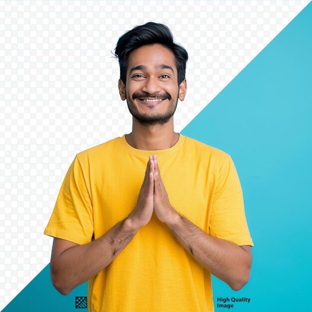 PSD homem indiano sorridente e positivo vestindo camisa amarela segurando os dedos cruzados enquanto está isolado sobre a parede azul do estúdio