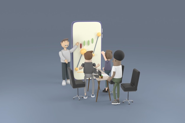 PSD homem investidor financeiro de caráter 3d com gráficos financeiros e de ações de tendências em um aplicativo móvel