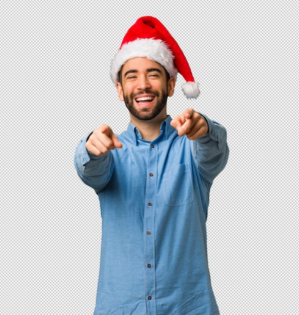 Homem jovem, desgastar, chapéu santa, alegre, e, sorrindo