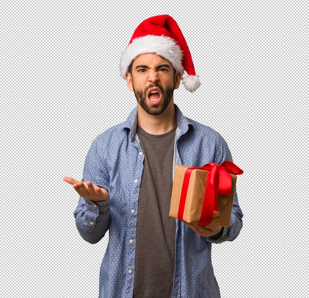 Homem jovem, desgastar, chapéu santa, fazendo, um, tempo limite, gesto