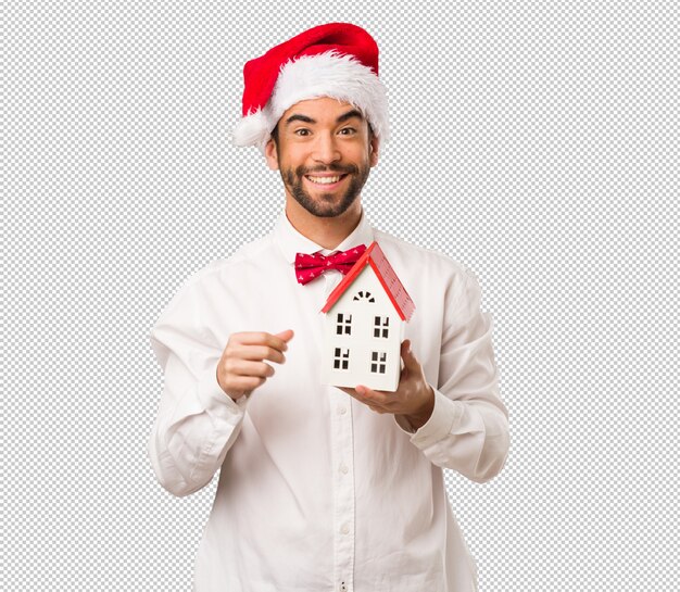 Homem jovem, desgastar, um, papai noel, chapéu, ligado, dia natal