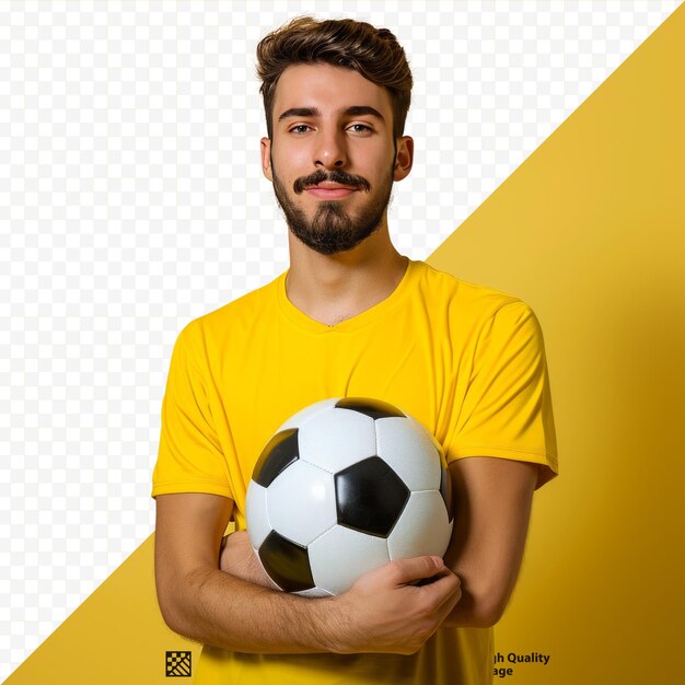 Homem jovem e bonito jogador de futebol sobre fundo amarelo isolado