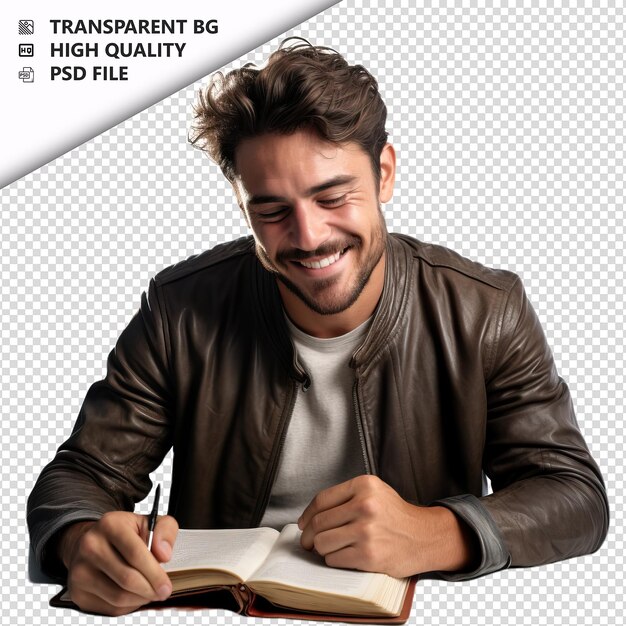 PSD homem latino estudando estilo ultra-realista fundo branco