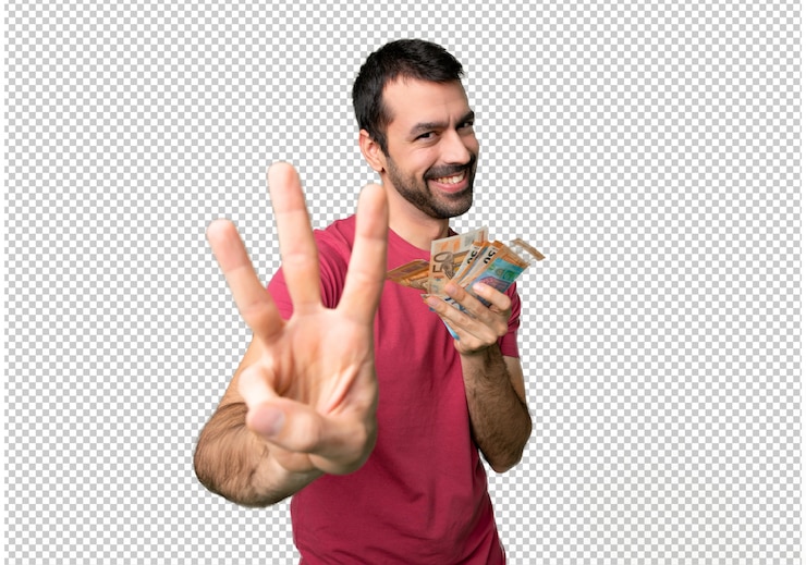 PSD homem levando muito dinheiro feliz e contando com três dedos