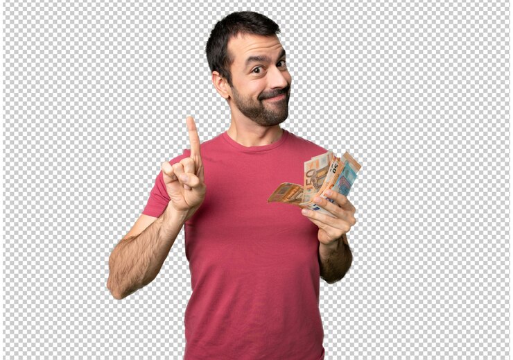PSD homem, levando, muito, dinheiro, mostrando, e, levantamento, um, dedo, sinal, de, a, melhor
