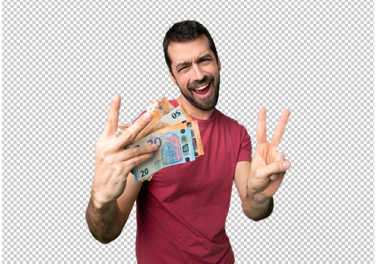 PSD homem levando muito dinheiro sorrindo e mostrando sinal de vitória com as duas mãos