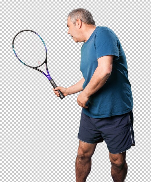 Homem maduro, brincando com uma raquete