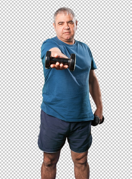 PSD homem maduro, fazendo, exercício, com, dumbbell