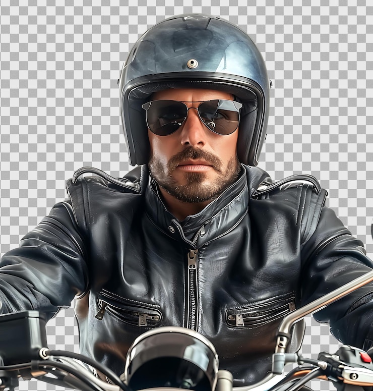 PSD homem motociclista em um fundo transparente