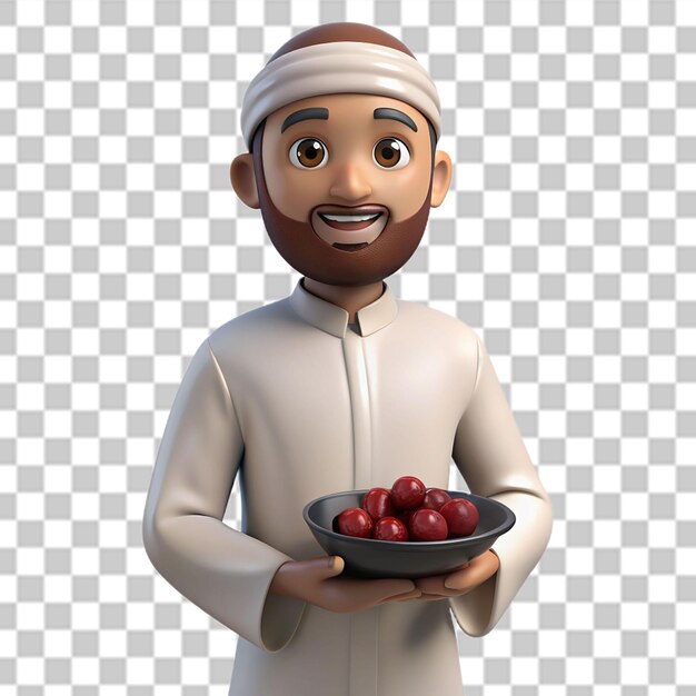 PSD homem muçulmano de 3d vestindo roupas brancas de ihram segurando uma tigela de tâmaras e frutas png