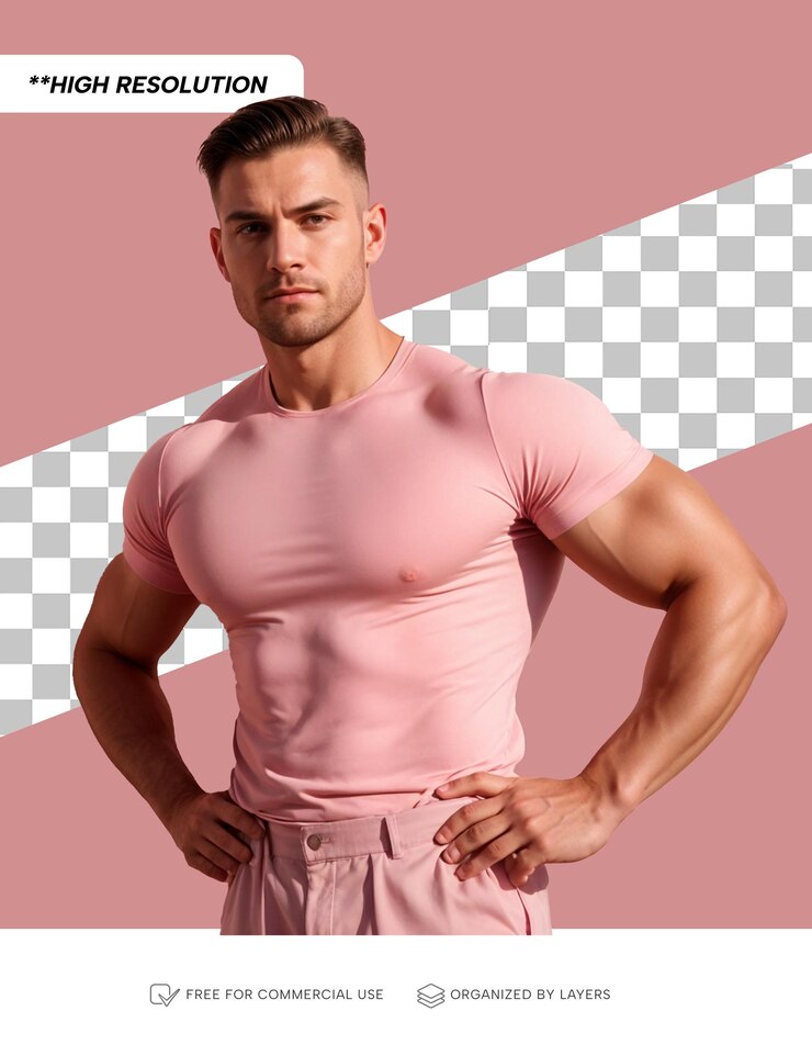 PSD homem musculoso confiante em roupa rosa posando