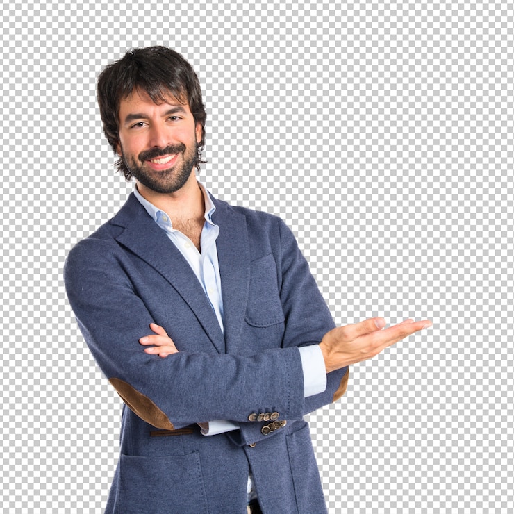 PSD homem negócios, apresentando, algo, sobre, isolado, fundo branco