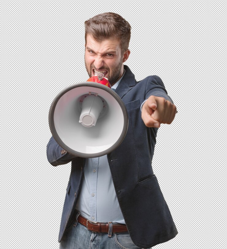 PSD homem negócios, com, megafone