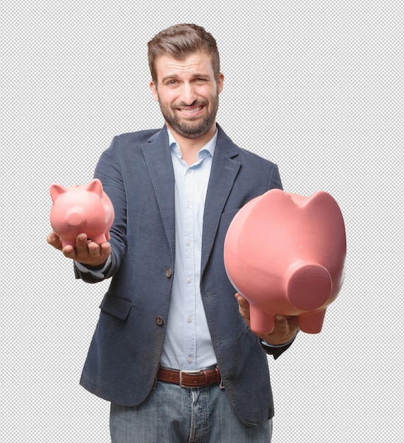 Homem negócios, com, piggybank
