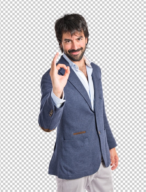 Homem negócios, fazer, ok assinam, sobre, fundo branco