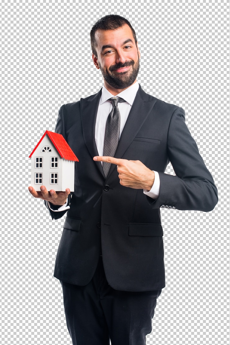 PSD homem negócios, segurando, um, pequeno, casa