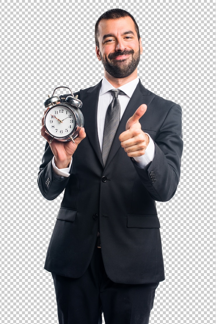 PSD homem negócios, segurando, vindima, relógio