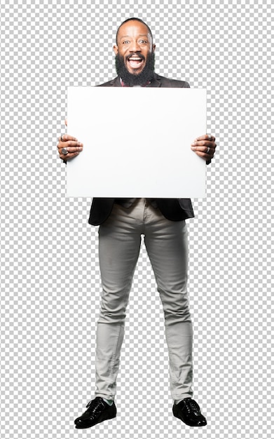 PSD homem negro de corpo inteiro segurando um cartaz em branco