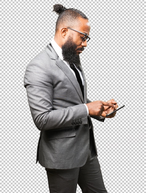 Homem negro de negócios com um tablet