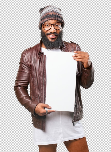 Homem negro segurando um cartaz em branco