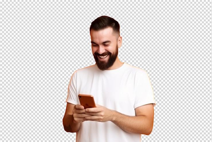 PSD homem olhando para seu telefone de pé isolado em fundo transparente