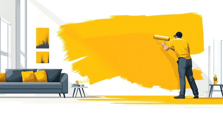 PSD homem pintando uma parede amarela em uma sala de estar moderna