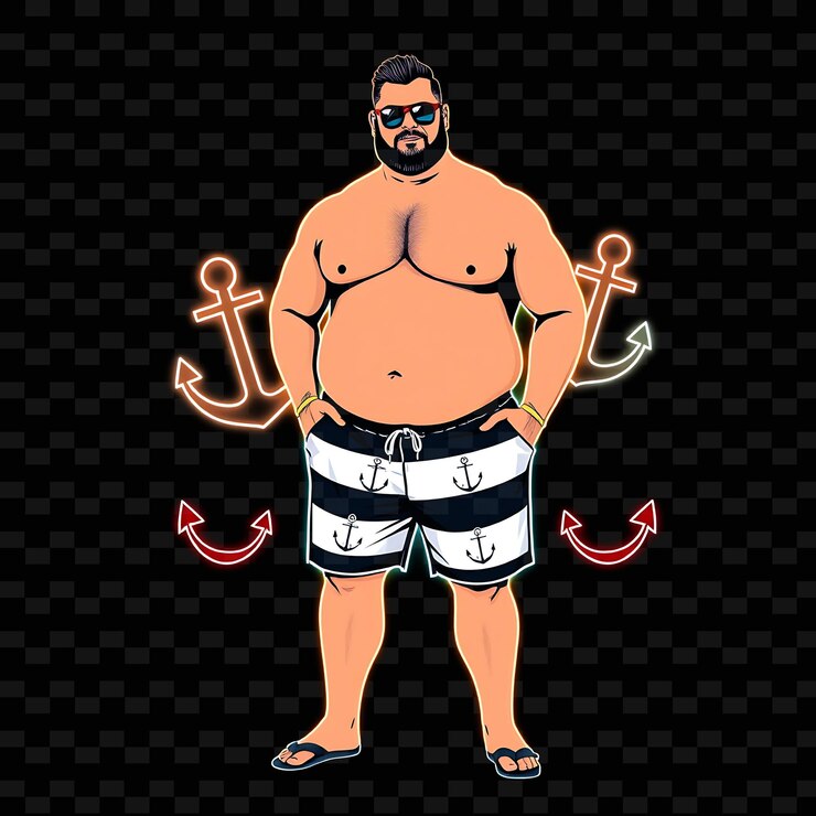 PSD homem plussize em calções de banho neon design de arte náutica com tema marinho e branco decorado com ancho