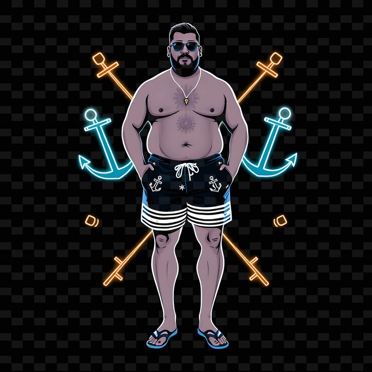 PSD homem plussize em calções de banho neon design de arte náutica com tema marinho e branco decorado com ancho