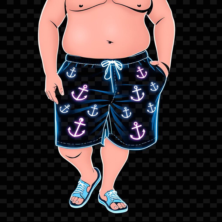 PSD homem plussize em calções de banho neon design de arte náutica com tema marinho e branco decorado com ancho