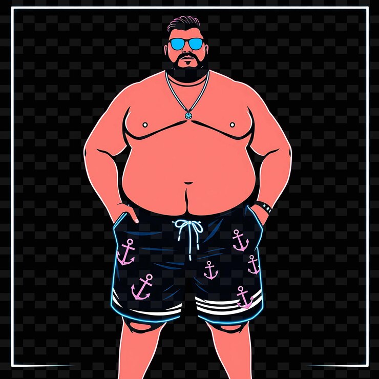 PSD homem plussize em calções de banho neon design de arte náutica com tema marinho e branco decorado com ancho