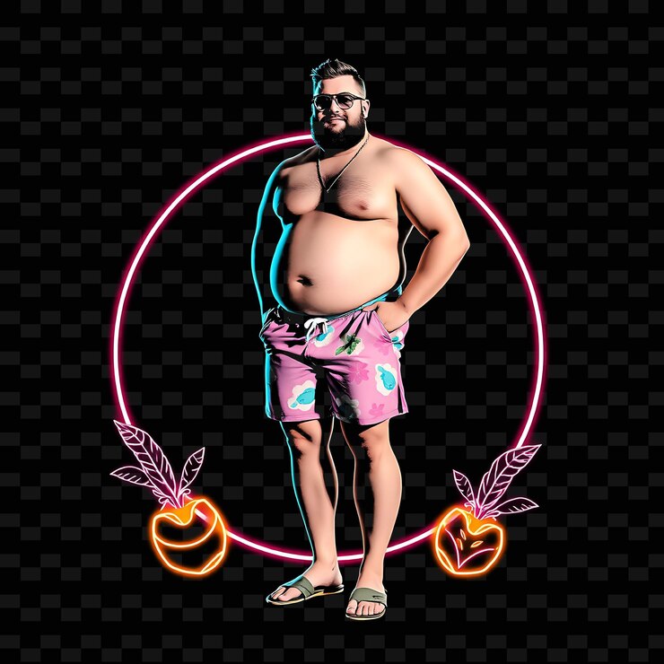 PSD homem plussize em calções de banho neon preppy design art com cores pastel tema decorado com preppy p