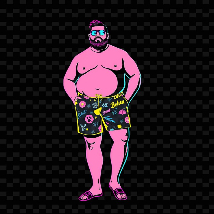 PSD homem plussize em calções de banho neon preppy design art com cores pastel tema decorado com preppy p