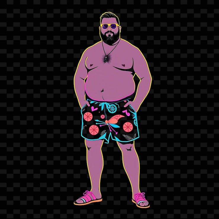 PSD homem plussize em calções de banho neon preppy design art com cores pastel tema decorado com preppy p