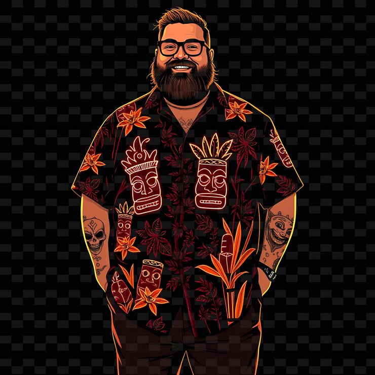 PSD homem plussize em camisa havaiana neon tiki design art com tema vermelho e castanho terráqueo decorado com