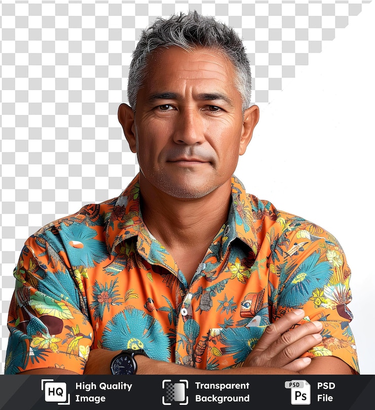 PSD homem posando com os braços cruzados vestindo uma camisa floral vibrante em fundo transparente um retrato stu