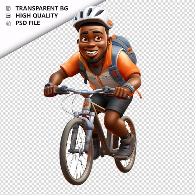 PSD homem preto andando de bicicleta em 3d em estilo de desenho animado com fundo branco isolado
