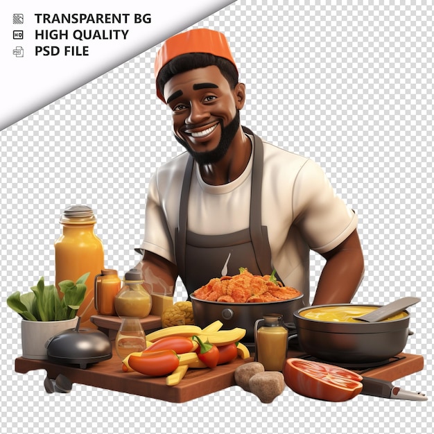 PSD homem preto cozinhando 3d estilo de desenho animado isola de fundo branco