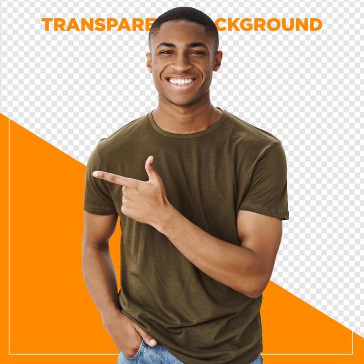 PSD homem preto feliz apontando para o lado