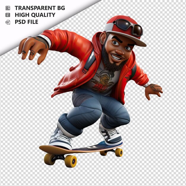 PSD homem preto patinando 3d estilo de desenho animado isola de fundo branco