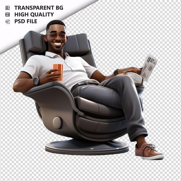 PSD homem preto relaxando em 3d estilo de desenho animado com fundo branco isolado