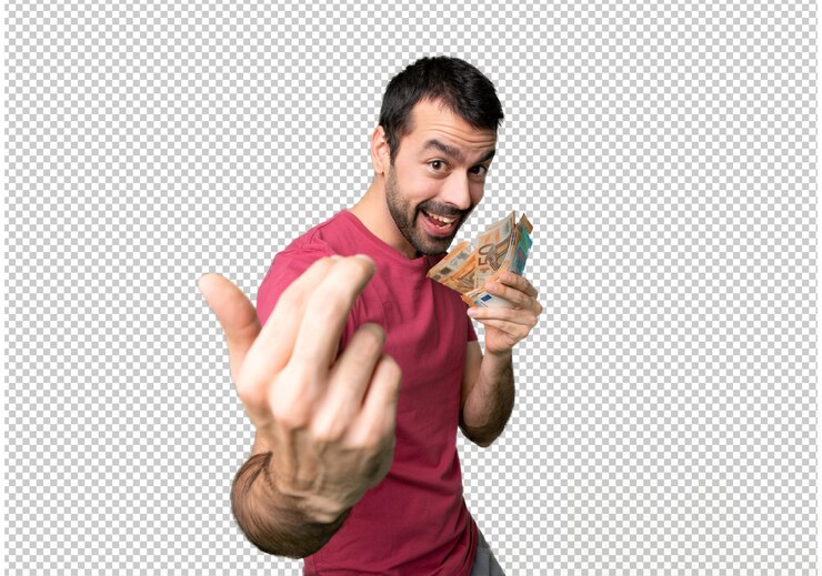 PSD homem que toma muito dinheiro que convida para vir com mão. feliz que você veio