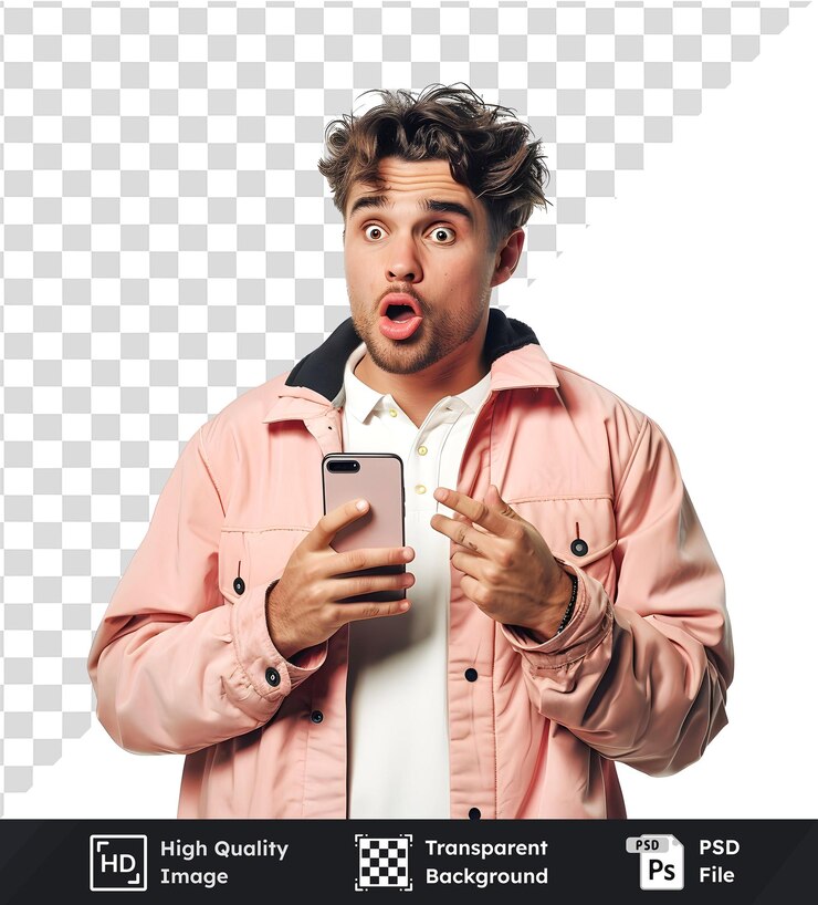 PSD homem reage com choque à notificação do smartphone expressão de surpresa no rosto fundo claro y