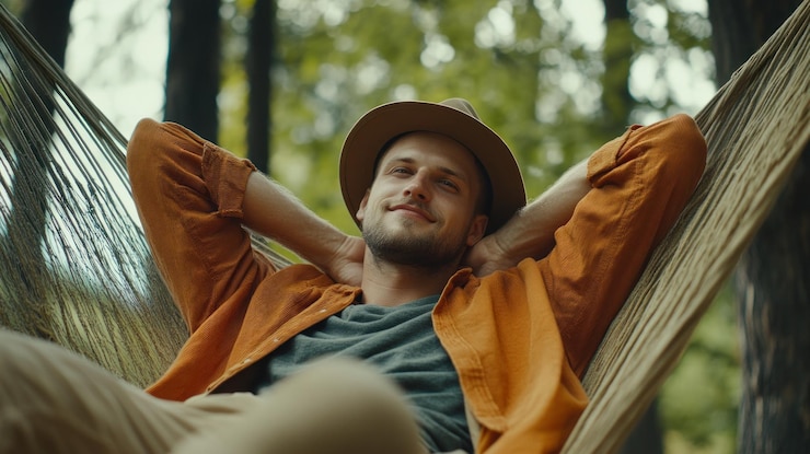 PSD homem relaxando em uma hamaca em meio à natureza