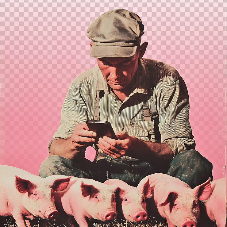 PSD homem rural com porcos envolvido no uso de smartphones