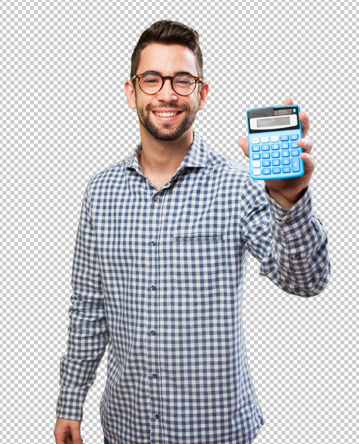 PSD homem, segurando, calculadora