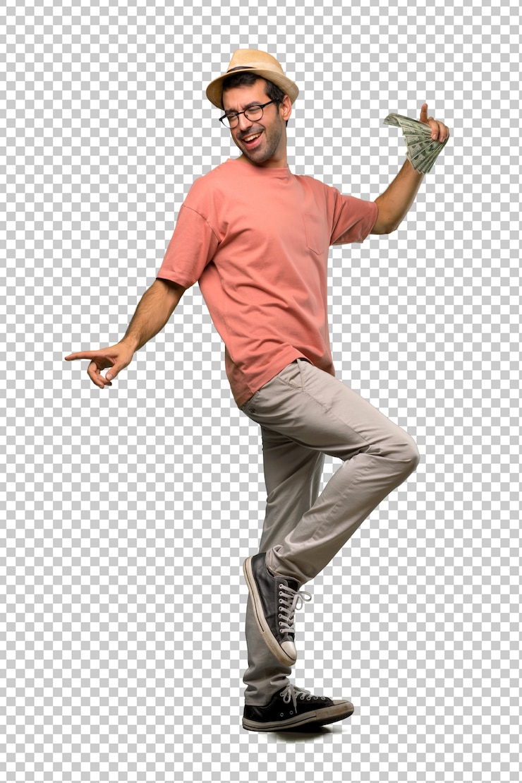 PSD homem, segurando, muitos, contas, desfrute, dançar, enquanto, escutar música, em, um, partido