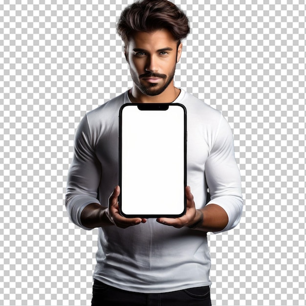 PSD homem segurando tela vazia modelo de quadro móvel png