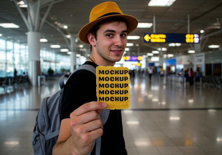 PSD homem segurando um cartão simulado no aeroporto