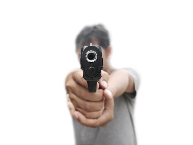 Homem segurando uma arma na mão com fundo transparente