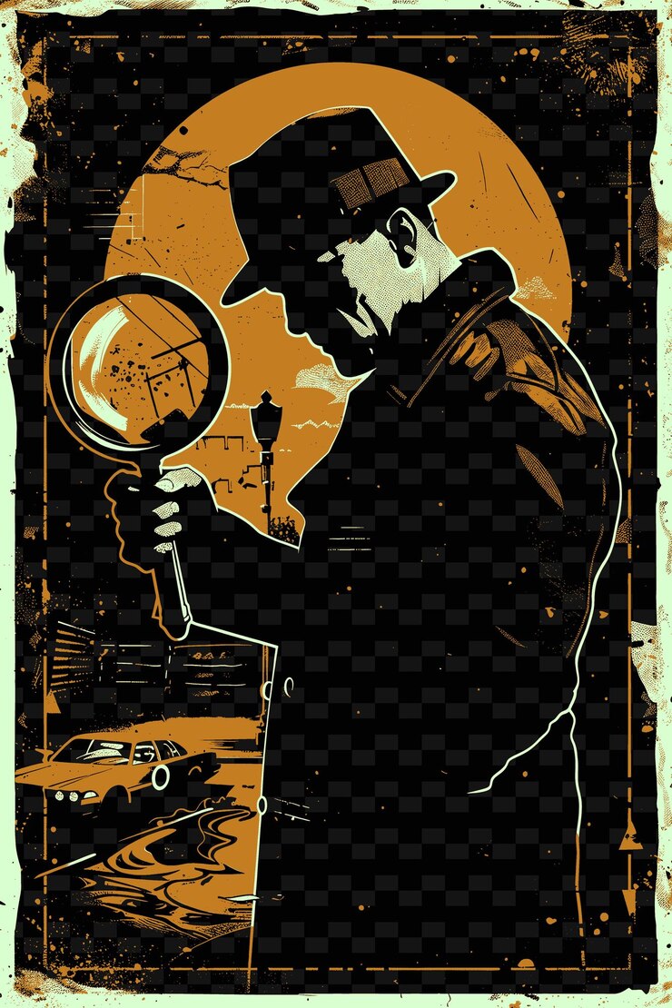 PSD homem segurando uma lupa com uma cena do crime atrás dele png poster background designs psd